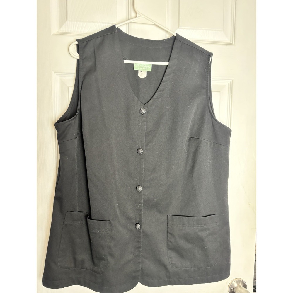 220 Hickory Vest Women's large Black Button Front Pockets Collarless Longline